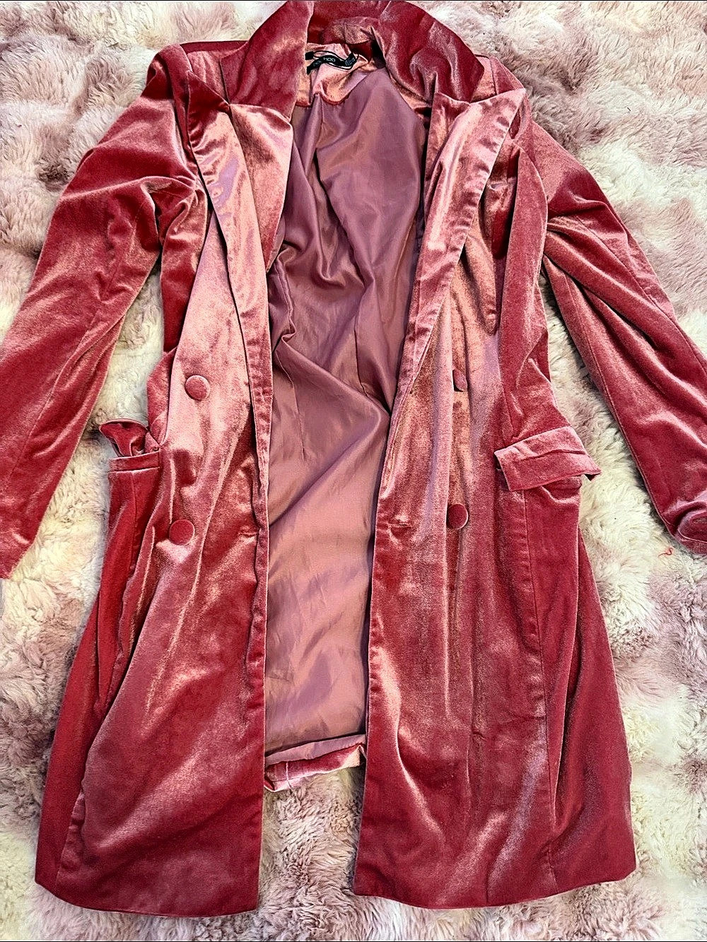 boohoo Pink Velvet-Look Trench Coat Like New